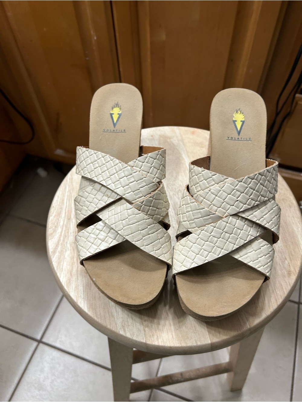 Volatile Cream Woven Crisscross Wedge Slides